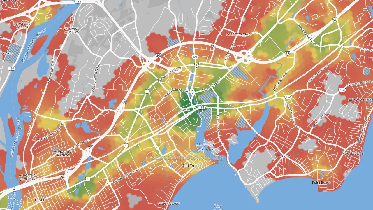 Walk Grade map of Downtown Harbor-Post Road South, Milford, CT, walkable areas in green and car-dependent areas in red