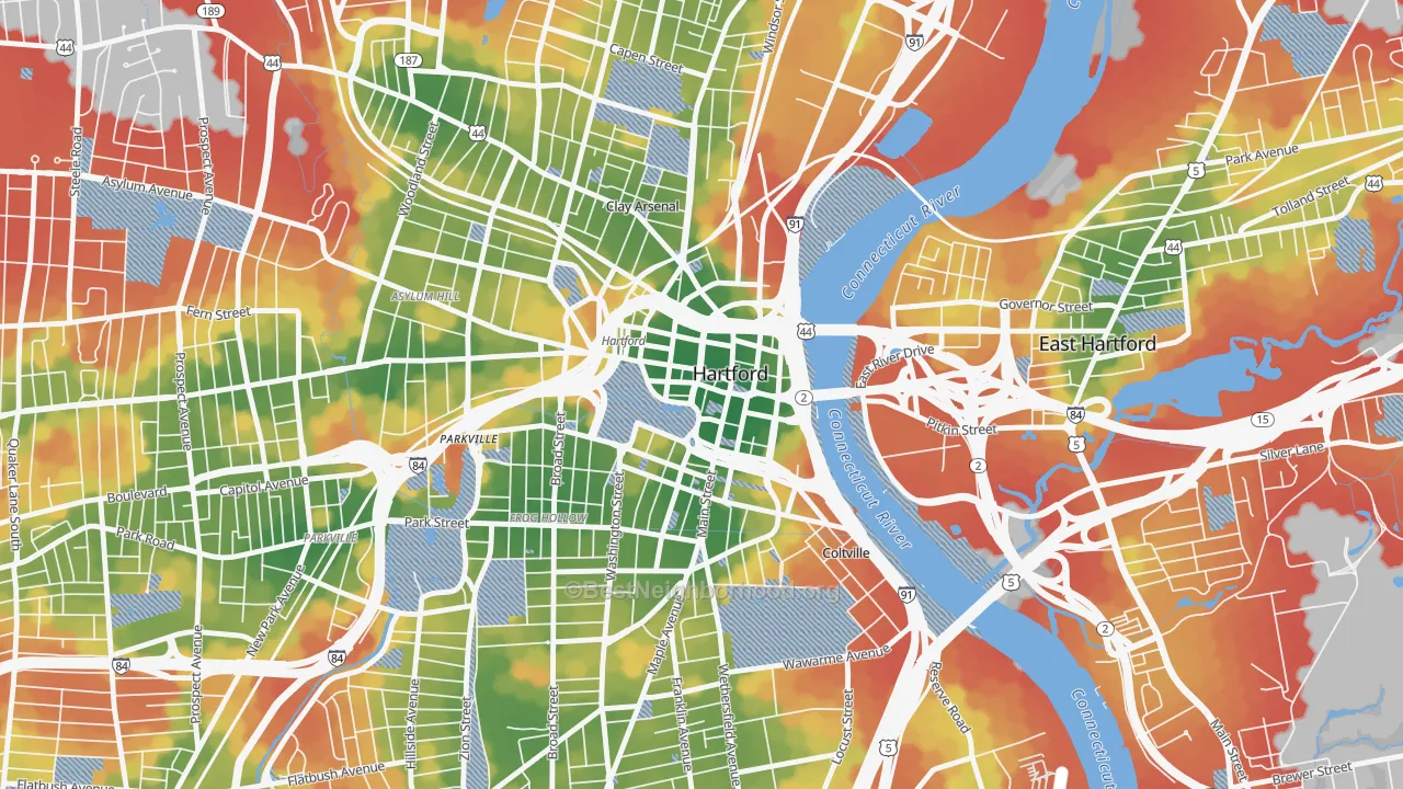 Walk Grade map of Downtown Hartford, Hartford, CT, walkable areas in green and car-dependent areas in red