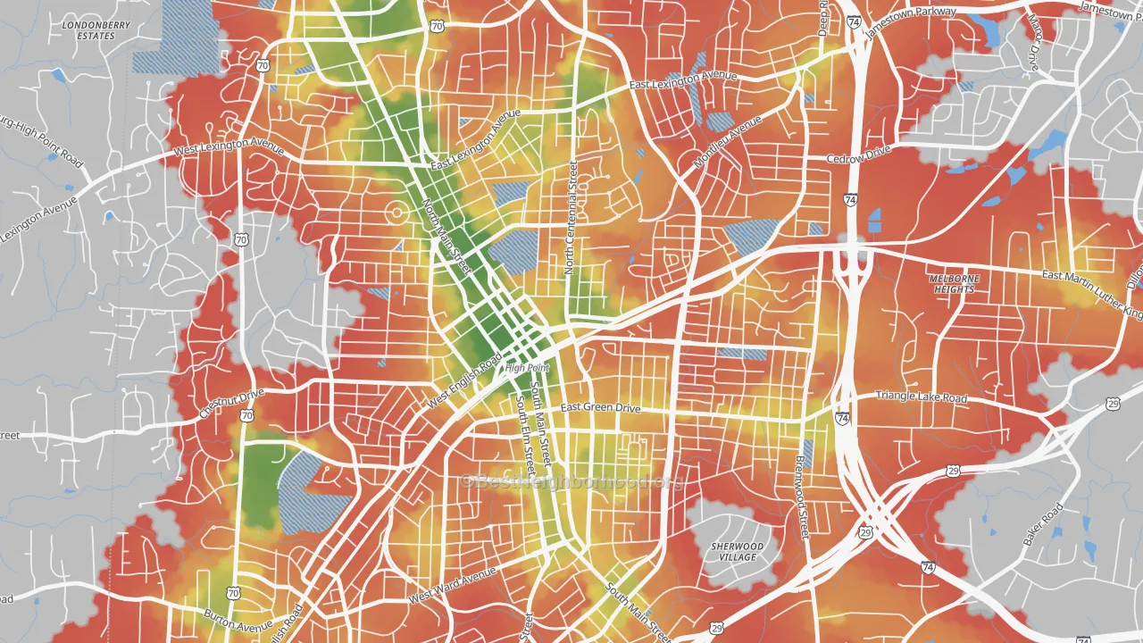 Walk Grade map of Downtown High Point, High Point, NC, walkable areas in green and car-dependent areas in red