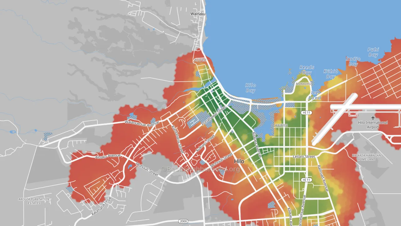 Walk Grade map of Downtown Hilo, Hilo, HI, walkable areas in green and car-dependent areas in red
