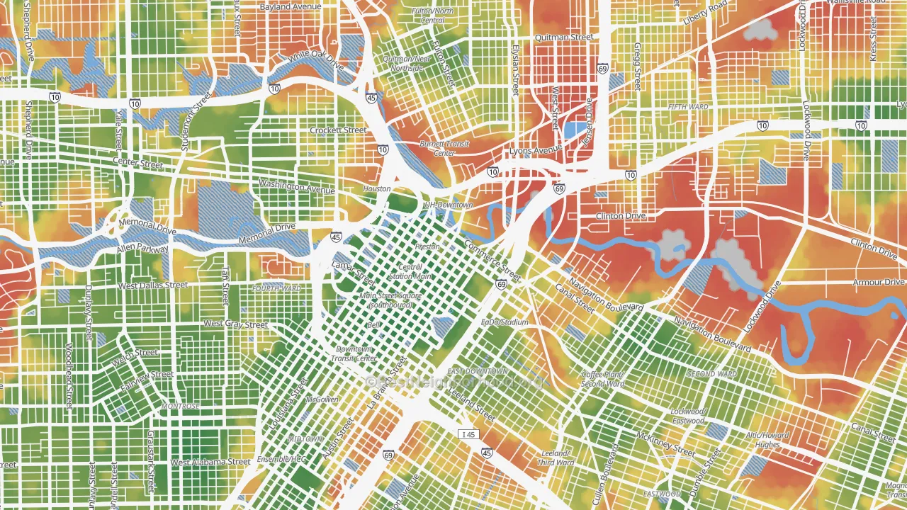 Walk Grade map of Downtown Houston, Houston, TX, walkable areas in green and car-dependent areas in red