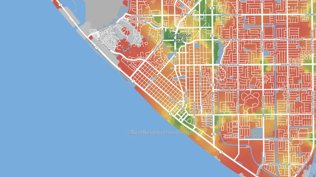 Walk Grade map of Downtown Huntington Beach, Huntington Beach, CA, walkable areas in green and car-dependent areas in red