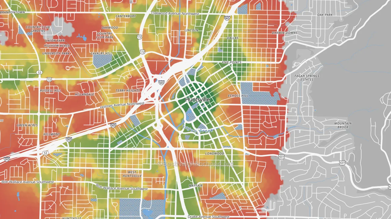 Walk Grade map of Downtown Huntsville, Huntsville, AL, walkable areas in green and car-dependent areas in red