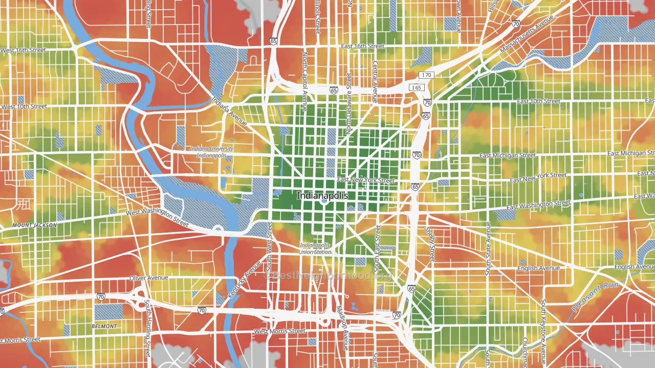 Walk Grade map of Downtown Indianapolis, Indianapolis, IN, walkable areas in green and car-dependent areas in red