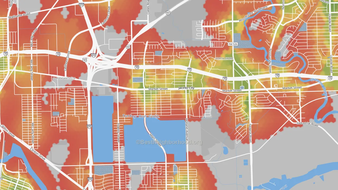 Walk Grade map of Downtown Jacinto City, Jacinto City, TX, walkable areas in green and car-dependent areas in red