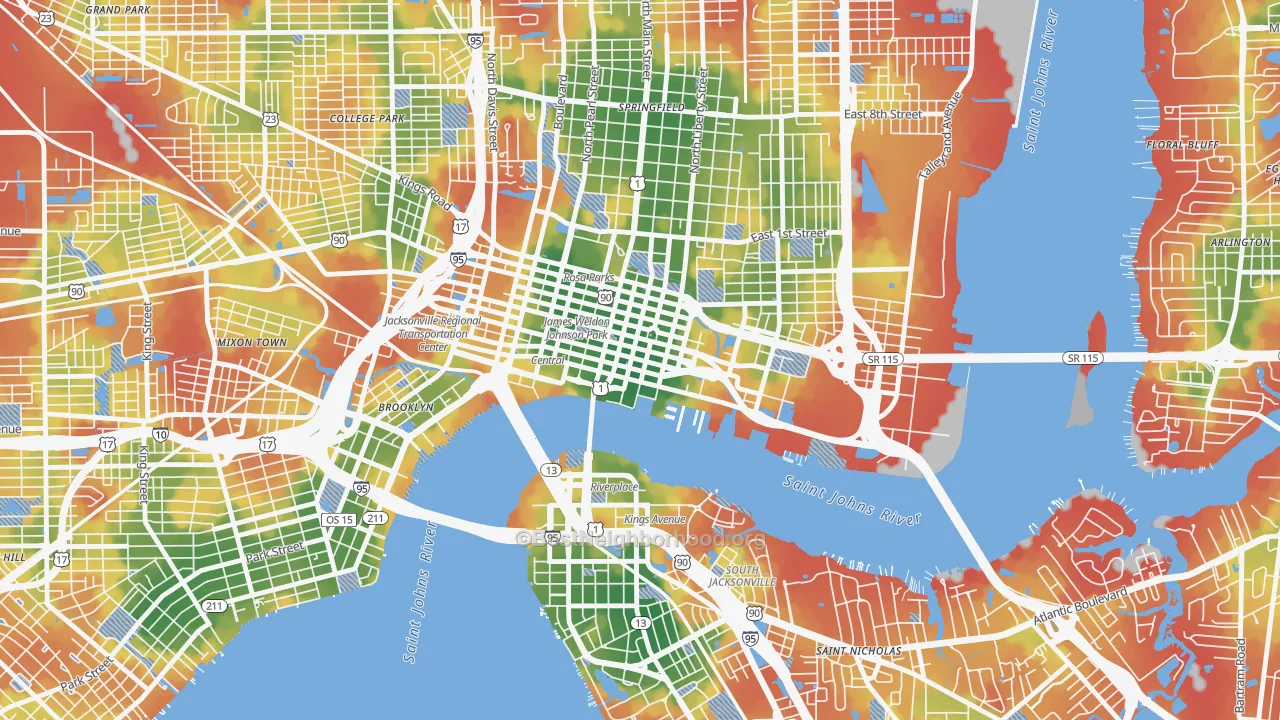 Walk Grade map of Downtown Jacksonville, Jacksonville, FL, walkable areas in green and car-dependent areas in red