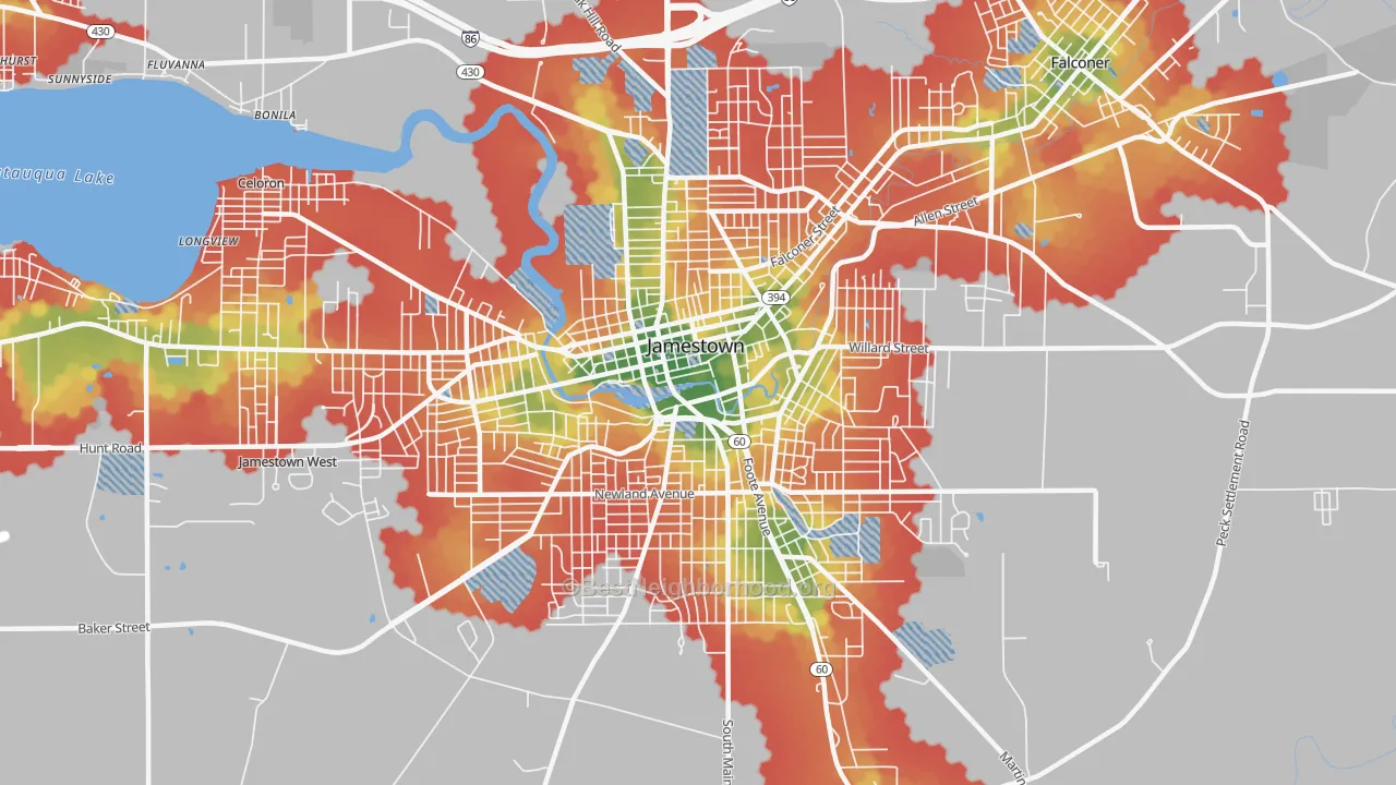 Walk Grade map of Downtown Jamestown, Jamestown, NY, walkable areas in green and car-dependent areas in red