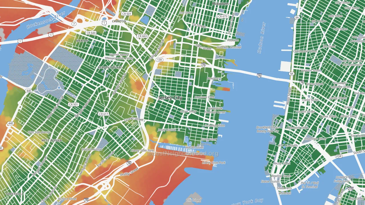 Walk Grade map of Downtown Jersey City, Jersey City, NJ, walkable areas in green and car-dependent areas in red