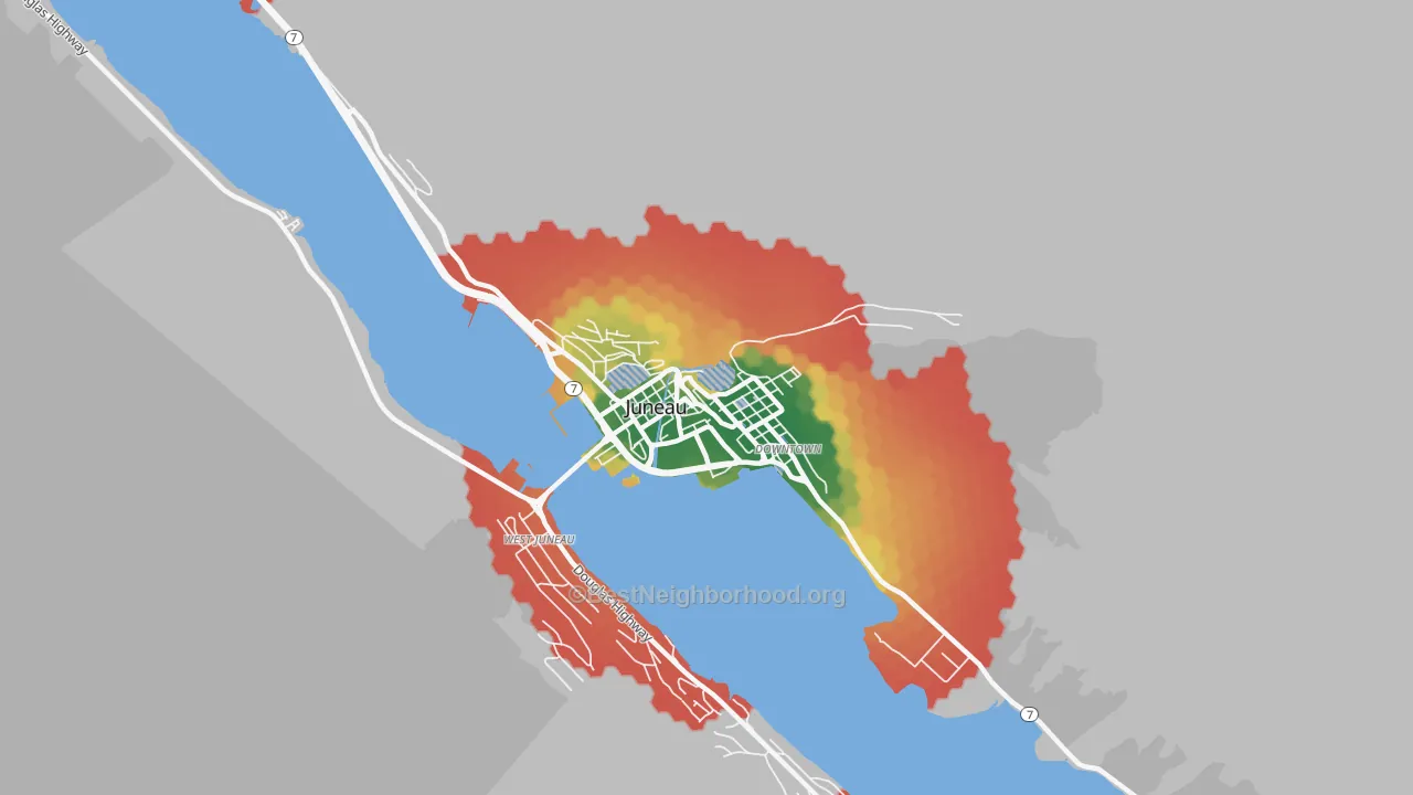 Walk Grade map of Downtown Juneau, Juneau, AK, walkable areas in green and car-dependent areas in red