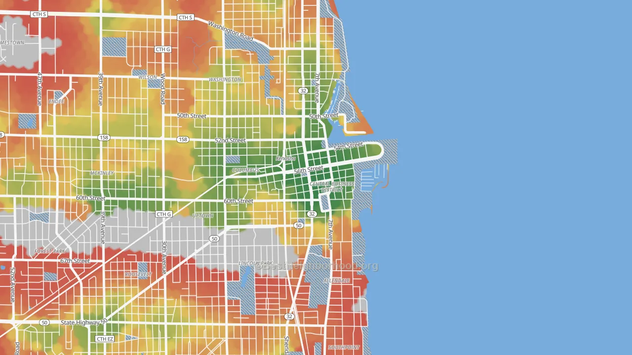 Walk Grade map of Downtown, Kenosha, WI, walkable areas in green and car-dependent areas in red