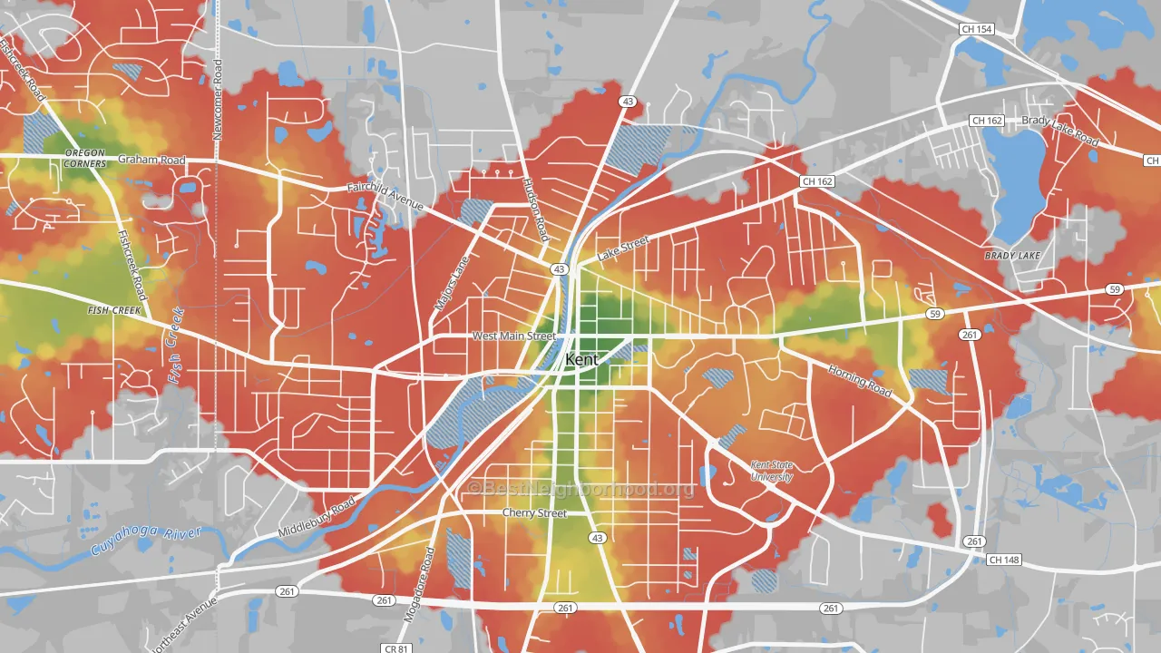 Walk Grade map of Downtown Kent, Kent, OH, walkable areas in green and car-dependent areas in red
