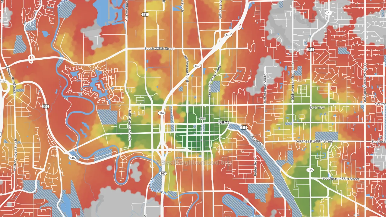 Walk Grade map of Downtown, Kent, WA, walkable areas in green and car-dependent areas in red