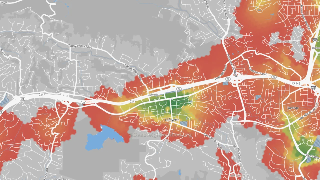 Walk Grade map of Downtown Lafayette, Lafayette, CA, walkable areas in green and car-dependent areas in red