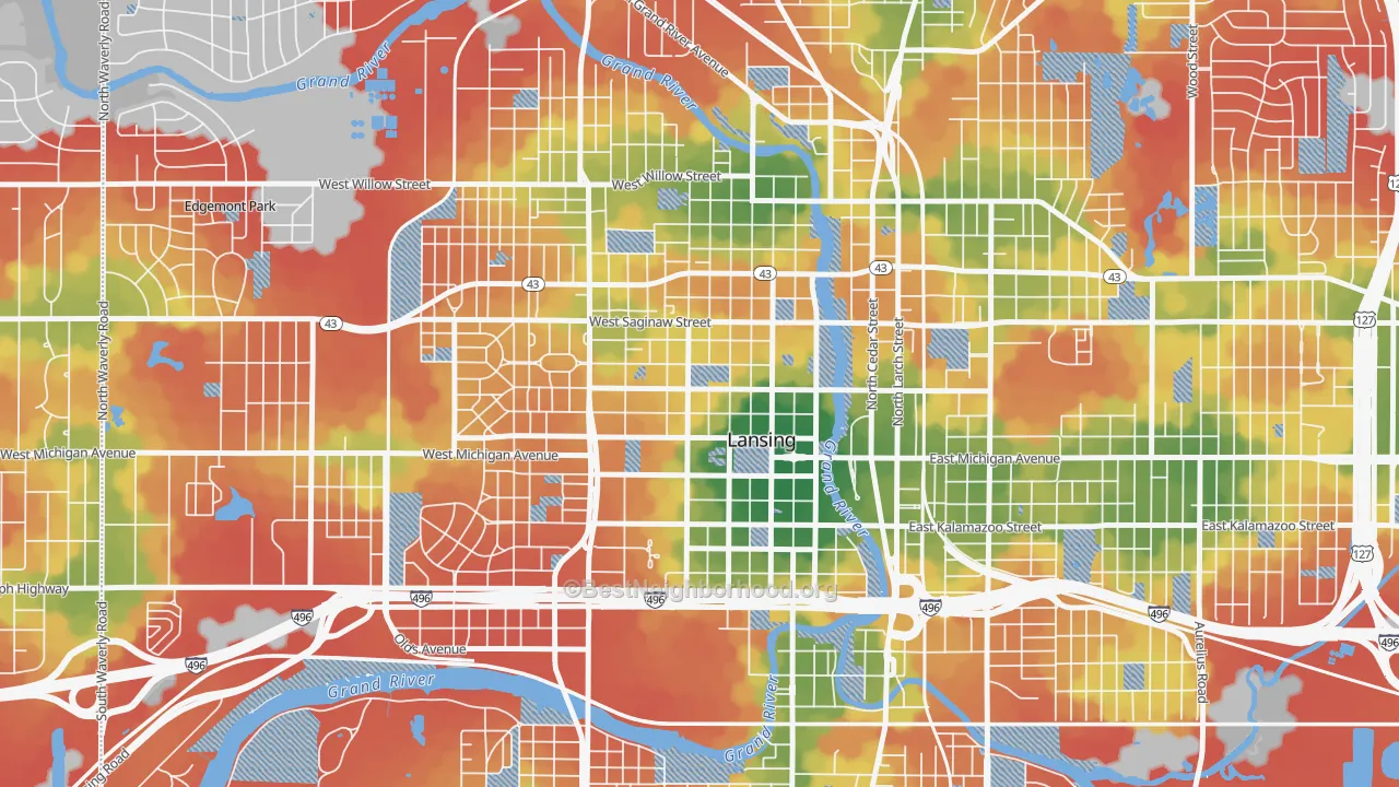 Walk Grade map of Downtown Lansing, Lansing, MI, walkable areas in green and car-dependent areas in red