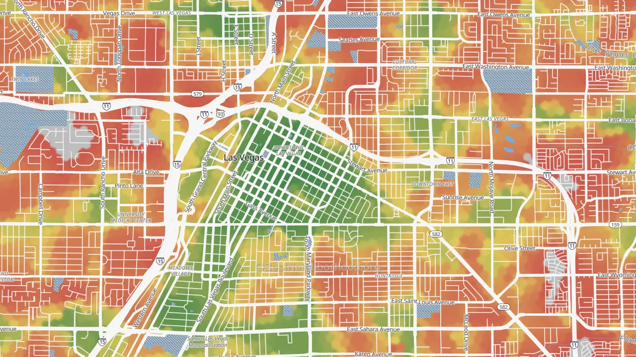 Walk Grade map of Downtown, Las Vegas, NV, walkable areas in green and car-dependent areas in red