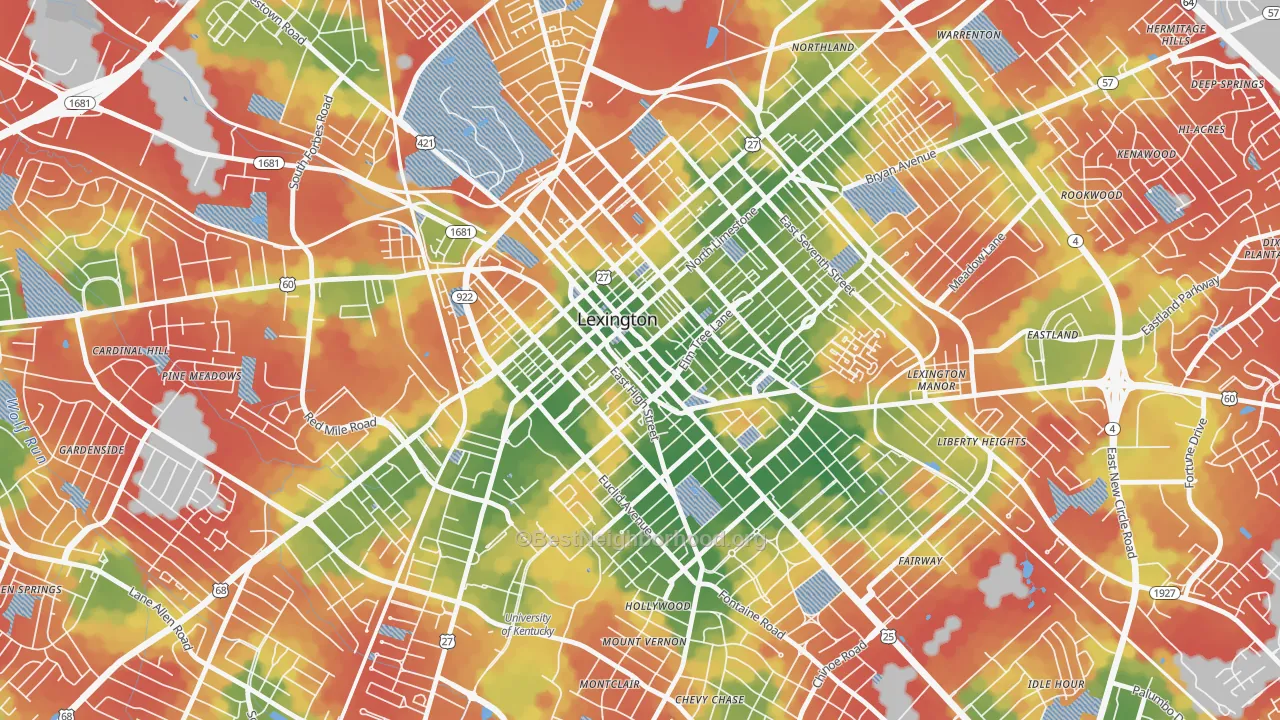 Walk Grade map of Downtown Lexington, Lexington, KY, walkable areas in green and car-dependent areas in red