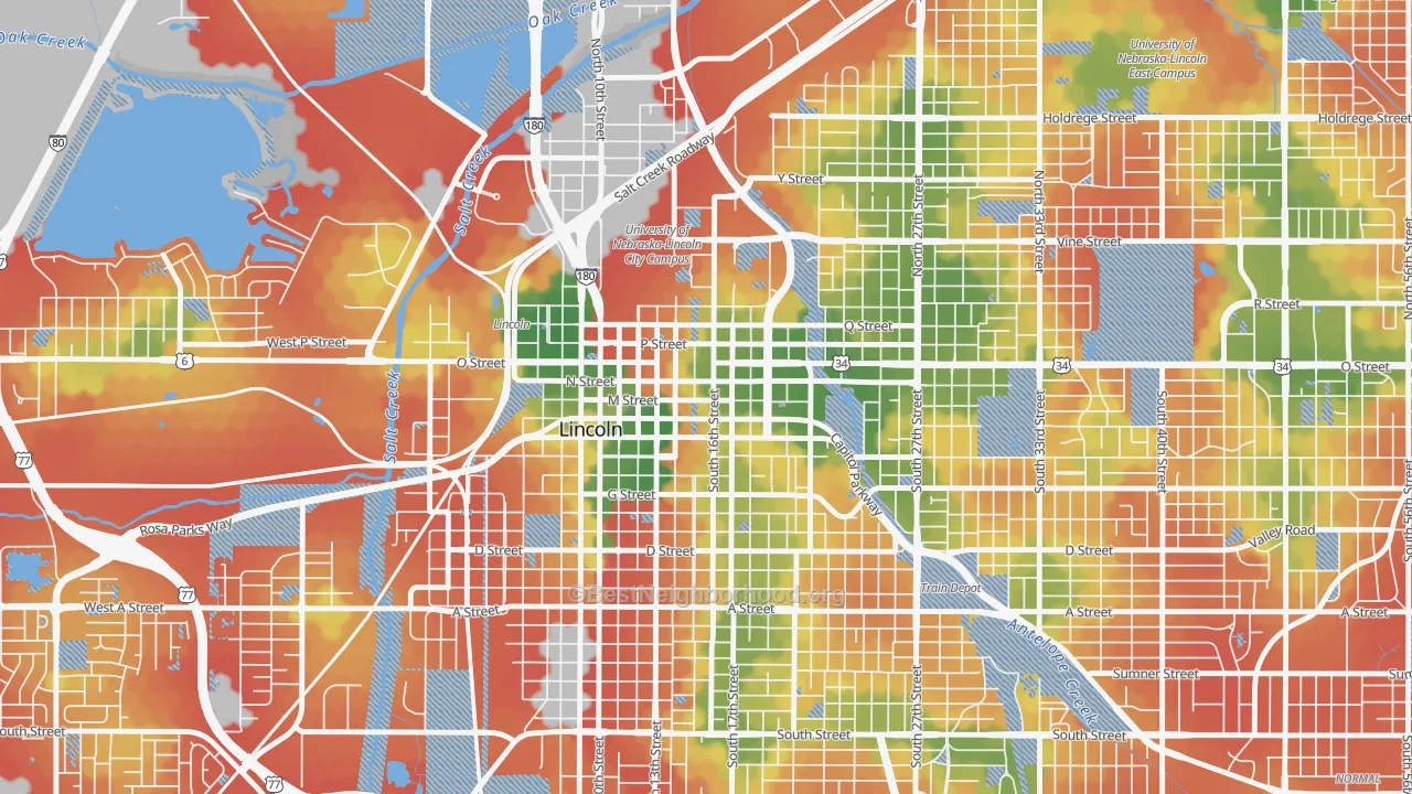 Walk Grade map of Downtown Lincoln, Lincoln, NE, walkable areas in green and car-dependent areas in red