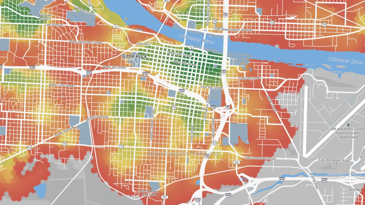 Walk Grade map of Downtown Little Rock, Little Rock, AR, walkable areas in green and car-dependent areas in red