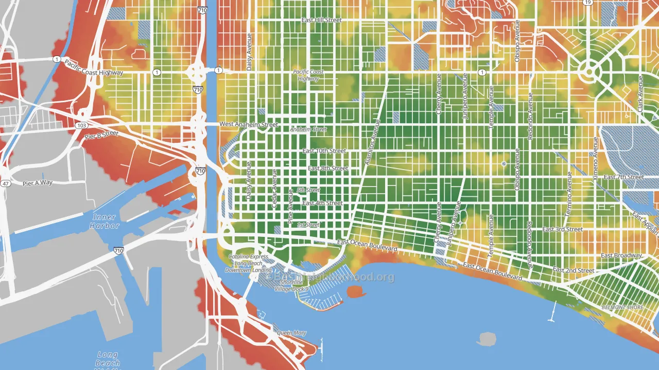 Walk Grade map of Downtown Long Beach, Long Beach, CA, walkable areas in green and car-dependent areas in red