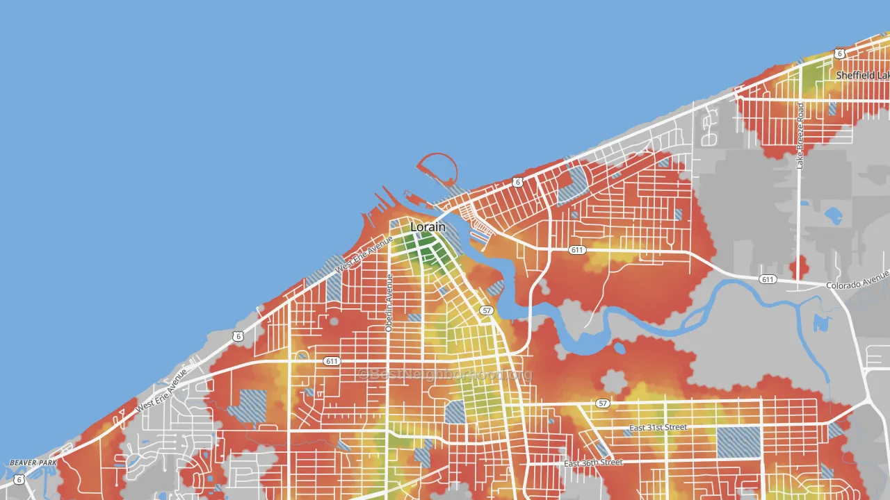 Walk Grade map of Downtown Lorain, Lorain, OH, walkable areas in green and car-dependent areas in red