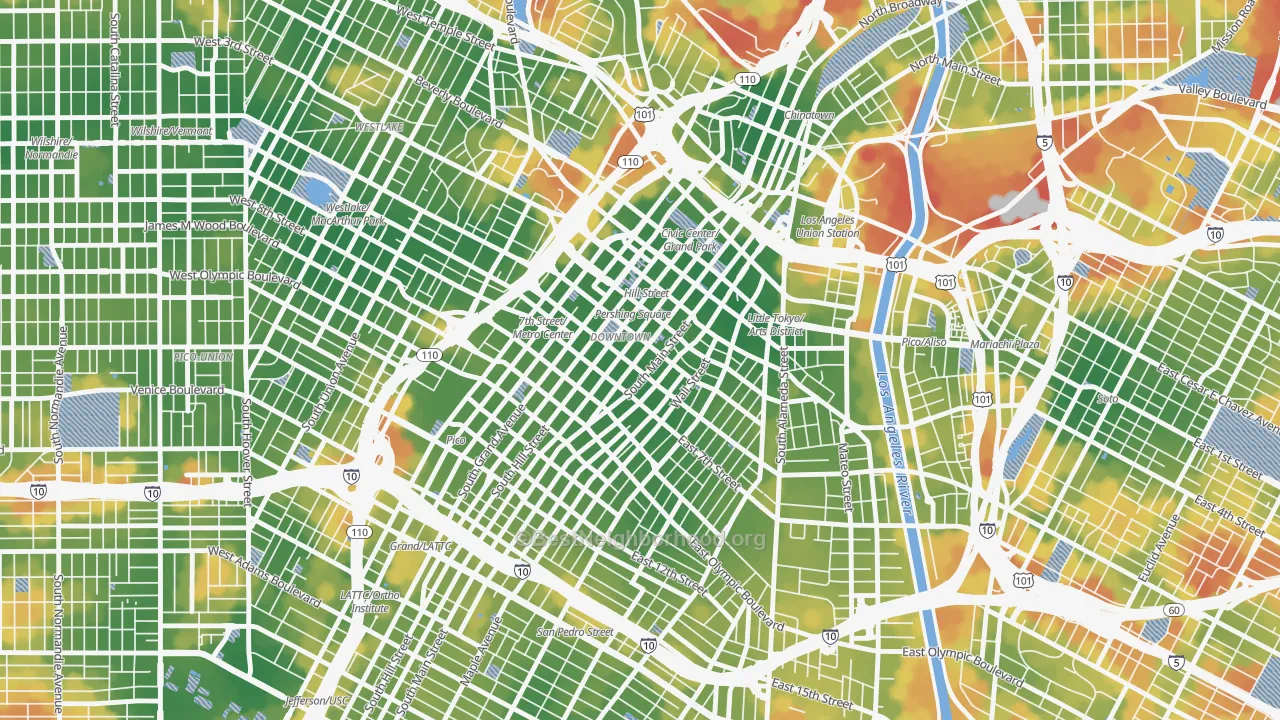 Walk Grade map of Downtown Los Angeles, Los Angeles, CA, walkable areas in green and car-dependent areas in red