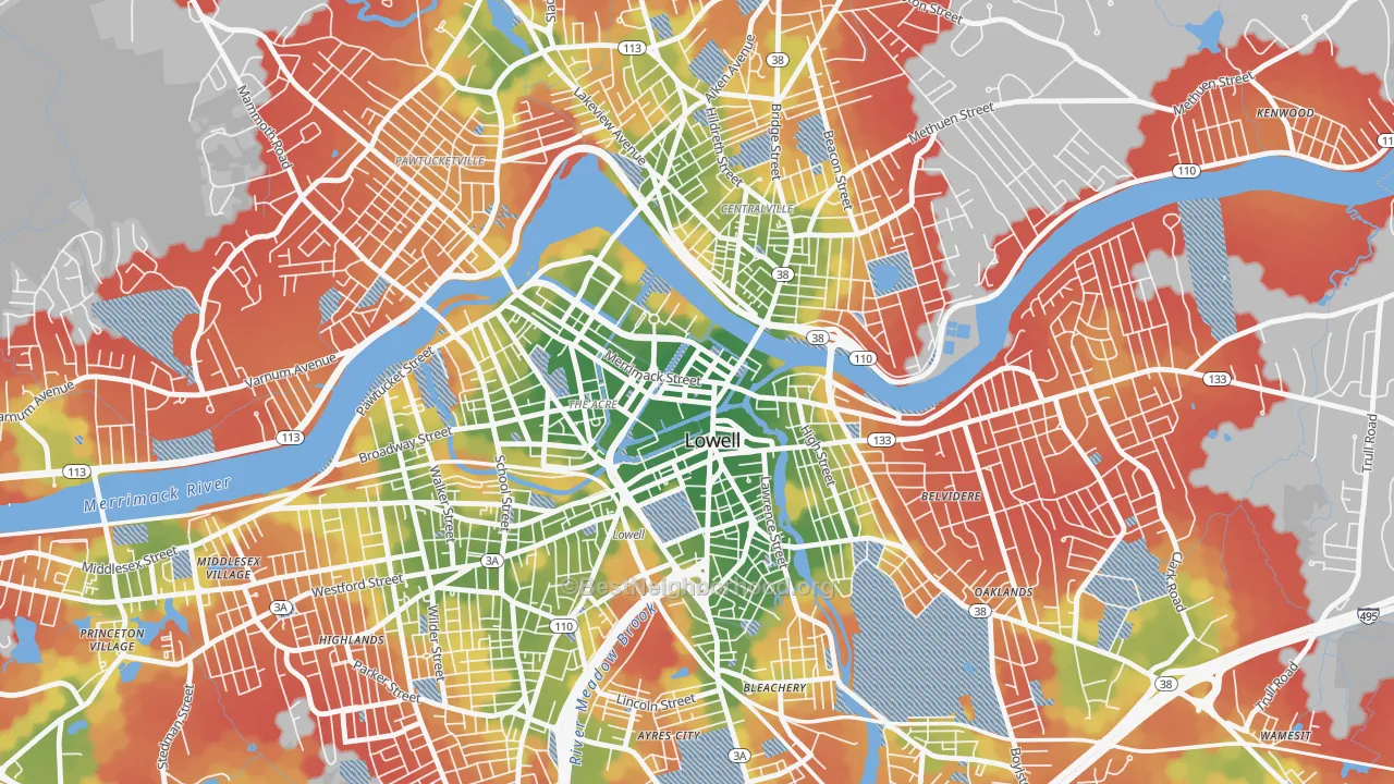 Walk Grade map of Downtown Lowell, Lowell, MA, walkable areas in green and car-dependent areas in red