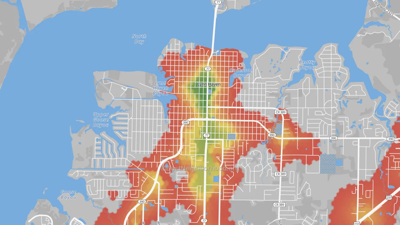 Walk Grade map of Downtown Lynn Haven, Lynn Haven, FL, walkable areas in green and car-dependent areas in red