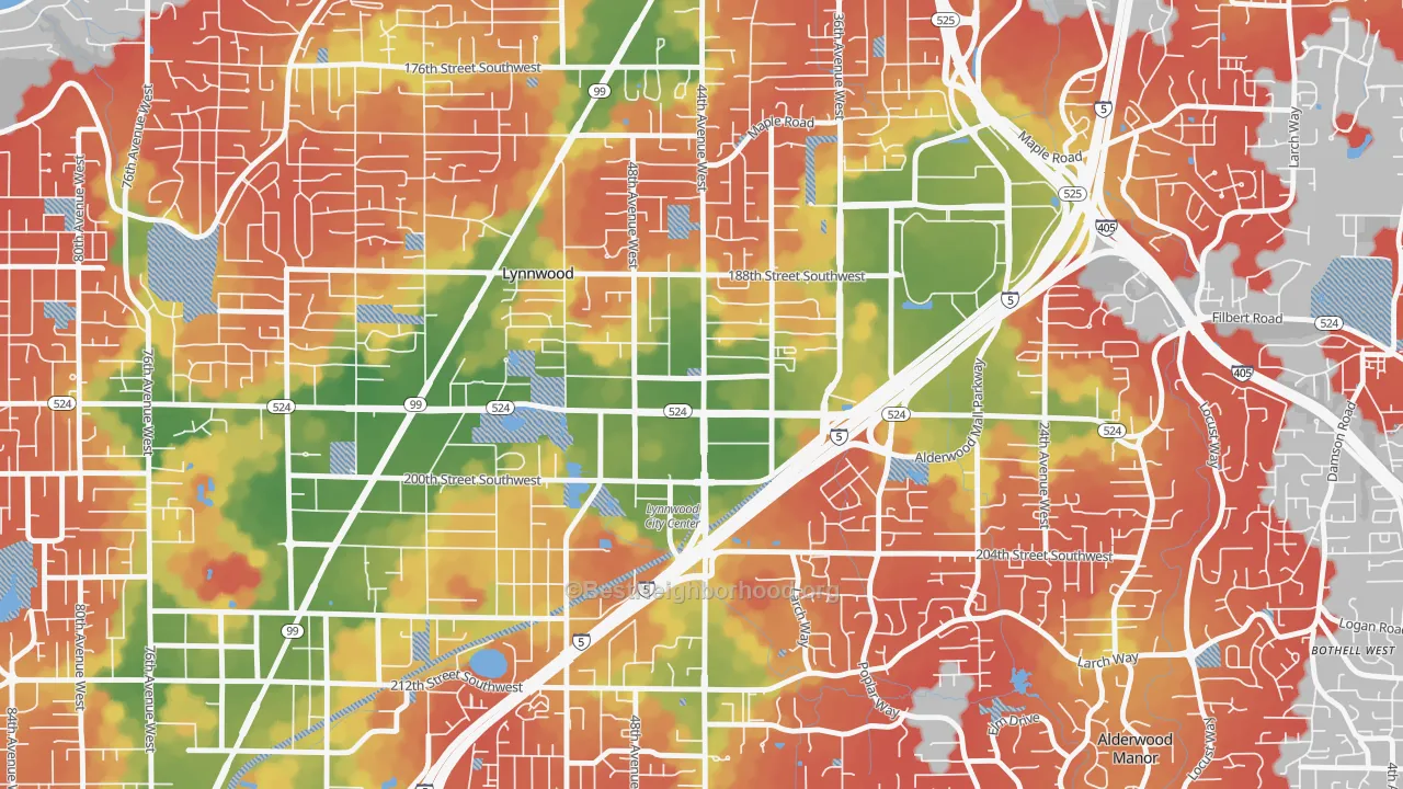 Walk Grade map of Downtown Lynnwood, Lynnwood, WA, walkable areas in green and car-dependent areas in red
