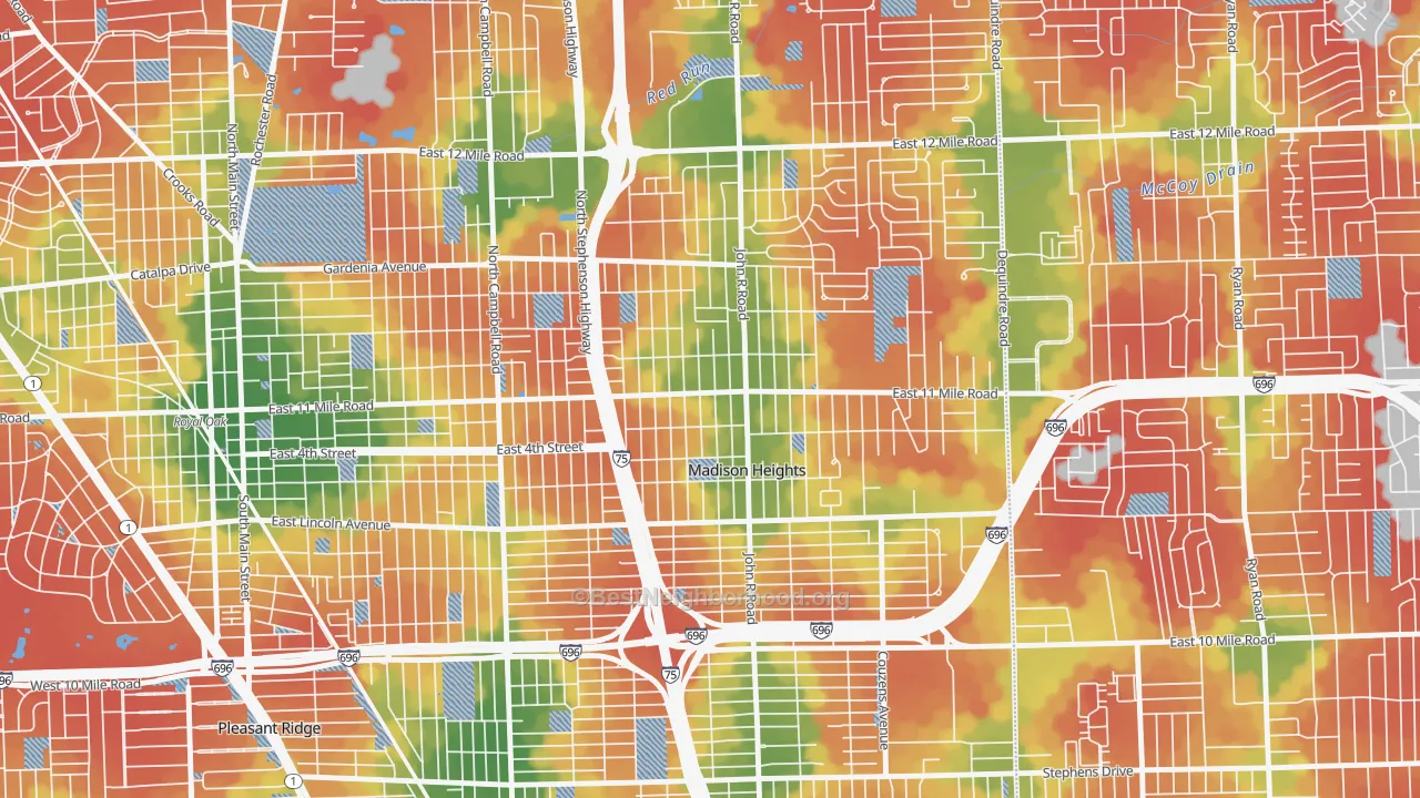 Walk Grade map of Downtown Madison Heights, Madison Heights, MI, walkable areas in green and car-dependent areas in red