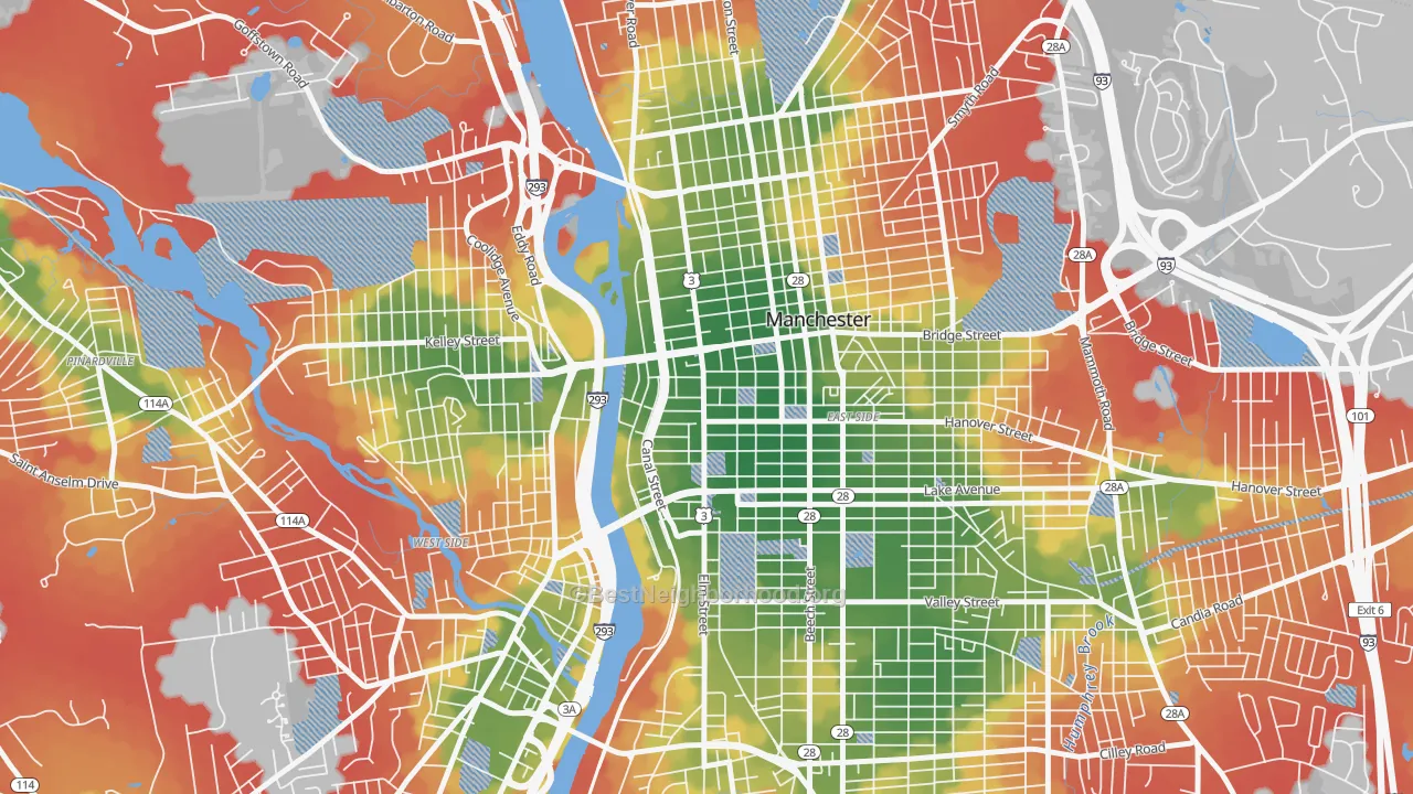 Walk Grade map of Downtown, Manchester, NH, walkable areas in green and car-dependent areas in red