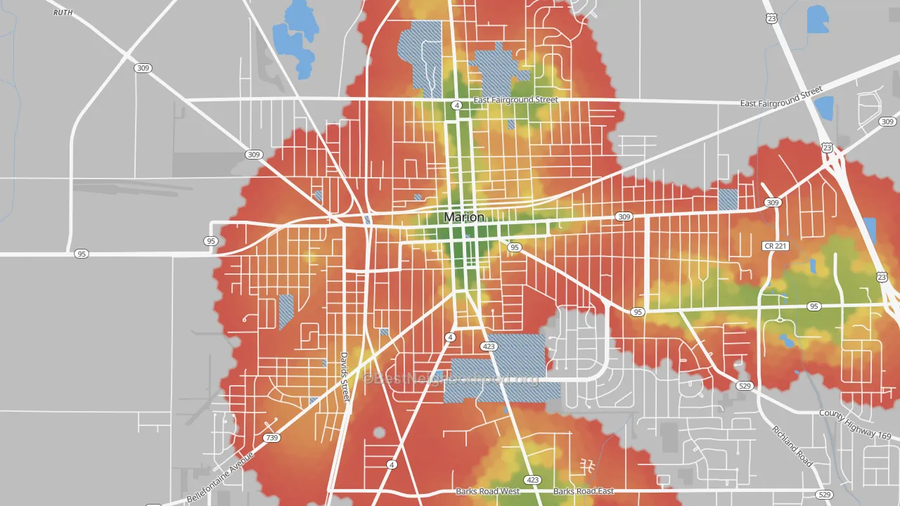 Walk Grade map of Downtown Marion, Marion, OH, walkable areas in green and car-dependent areas in red