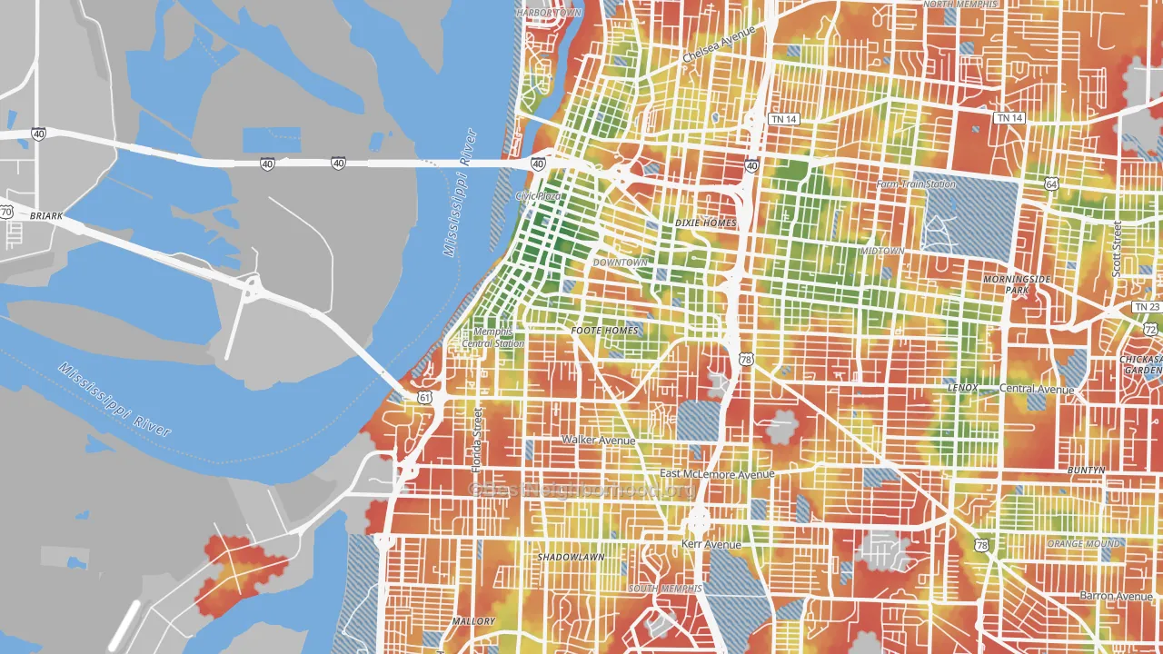 Walk Grade map of Downtown Memphis, Memphis, TN, walkable areas in green and car-dependent areas in red