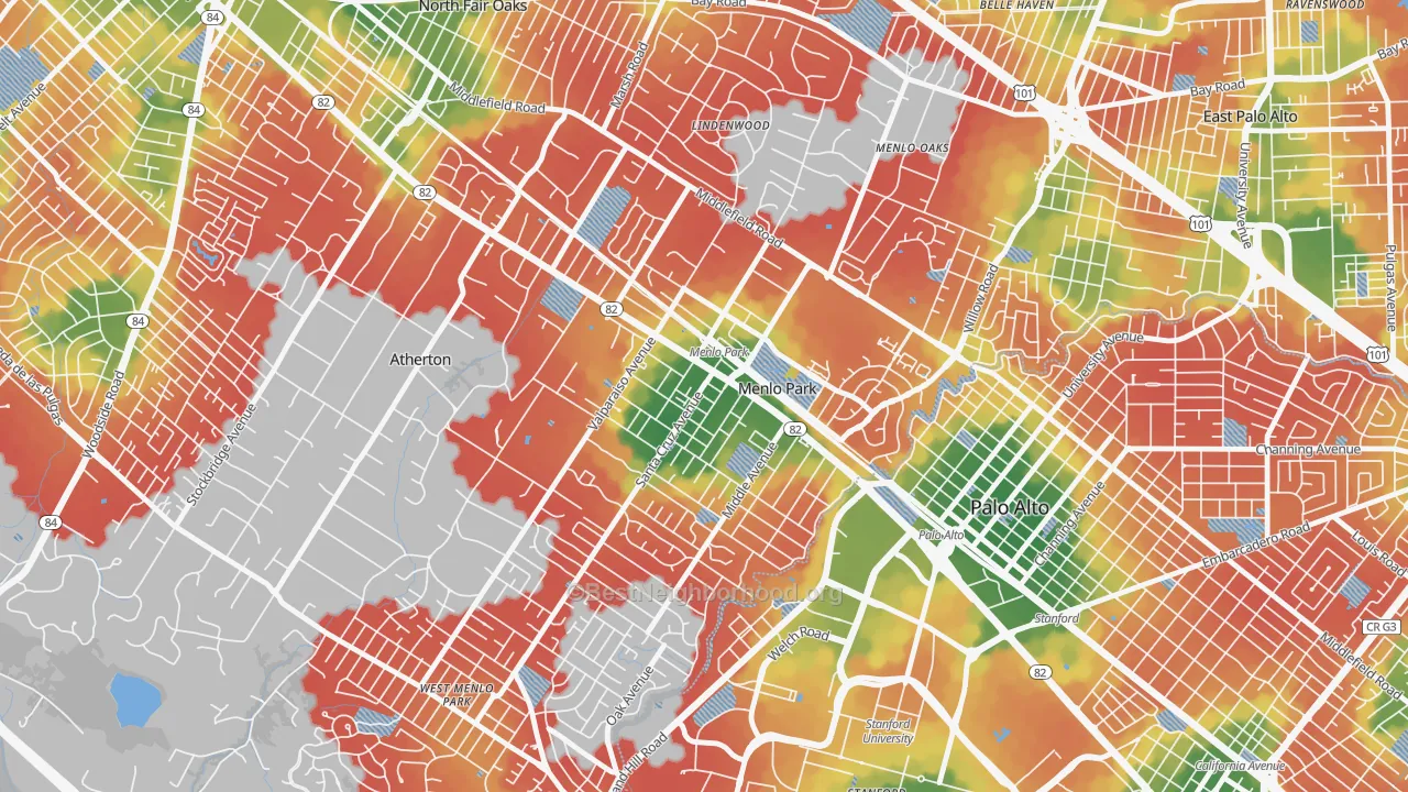 Walk Grade map of Downtown Menlo Park, Menlo Park, CA, walkable areas in green and car-dependent areas in red