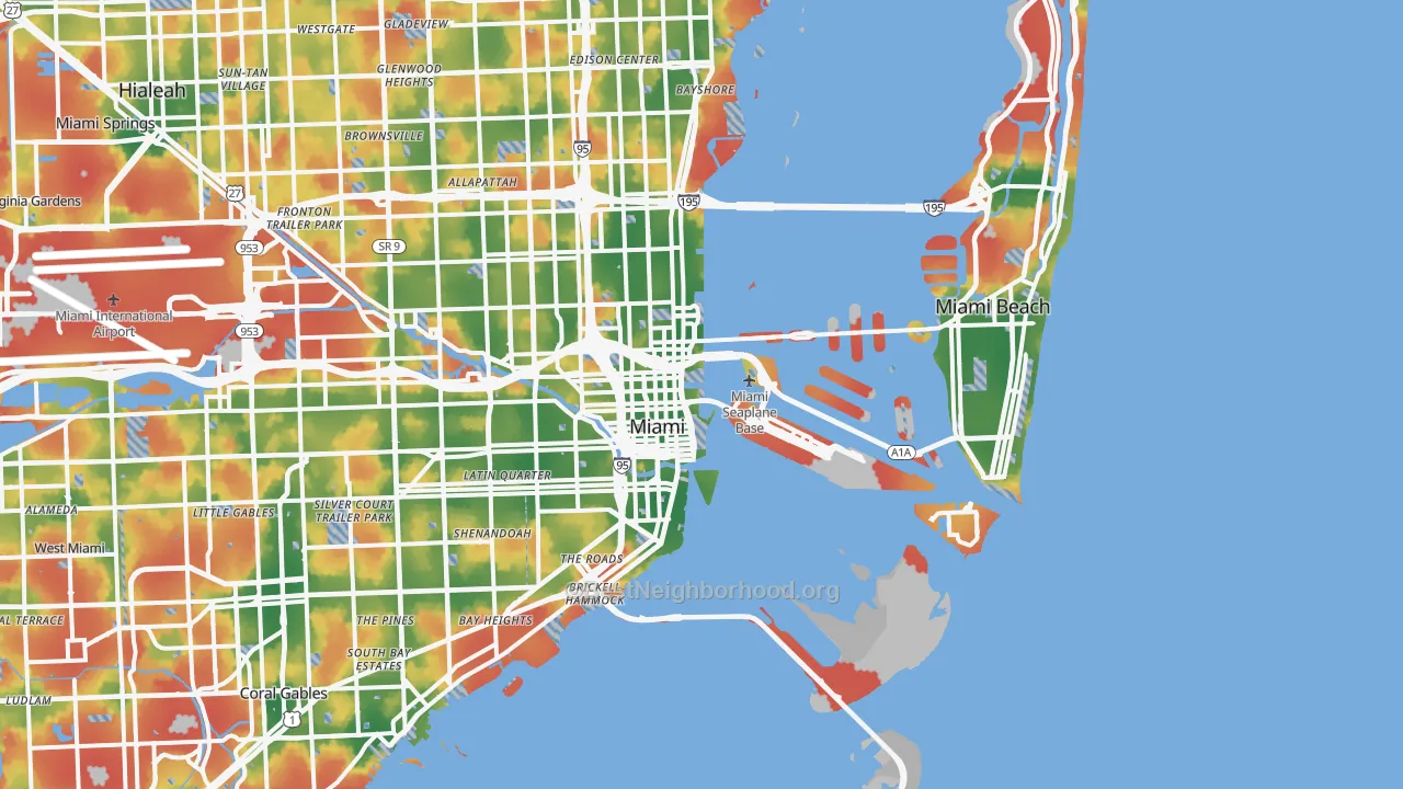 Walk Grade map of Downtown Miami, Miami, FL, walkable areas in green and car-dependent areas in red