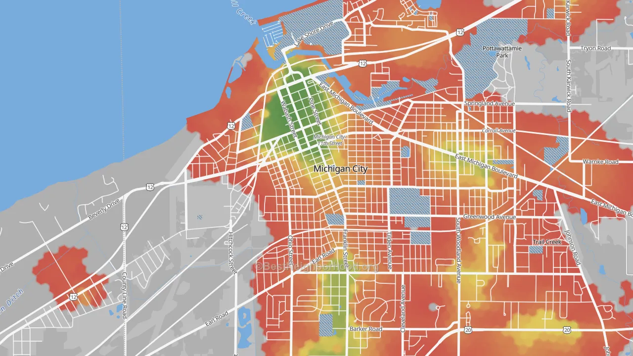 Walk Grade map of Downtown Michigan City, Michigan City, IN, walkable areas in green and car-dependent areas in red