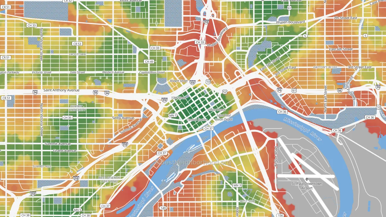 Walk Grade map of Downtown Minneapolis, St. Paul, MN, walkable areas in green and car-dependent areas in red