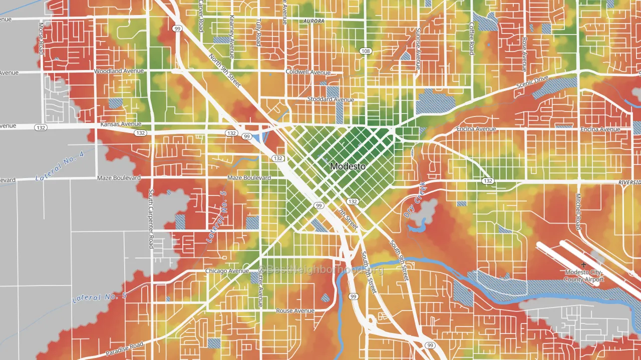 Walk Grade map of Downtown Modesto, Modesto, CA, walkable areas in green and car-dependent areas in red
