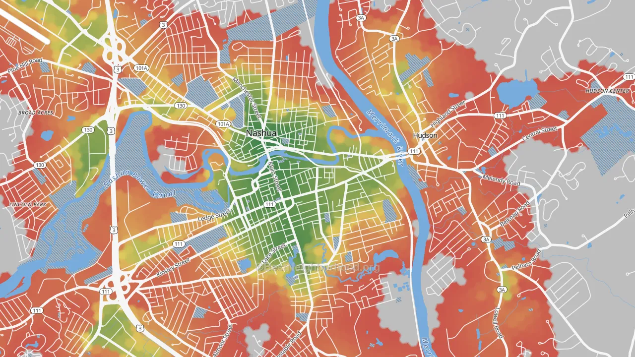 Walk Grade map of Downtown Nashua, Nashua, NH, walkable areas in green and car-dependent areas in red