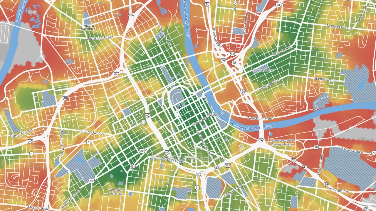 Walk Grade map of Downtown Nashville, Nashville, TN, walkable areas in green and car-dependent areas in red