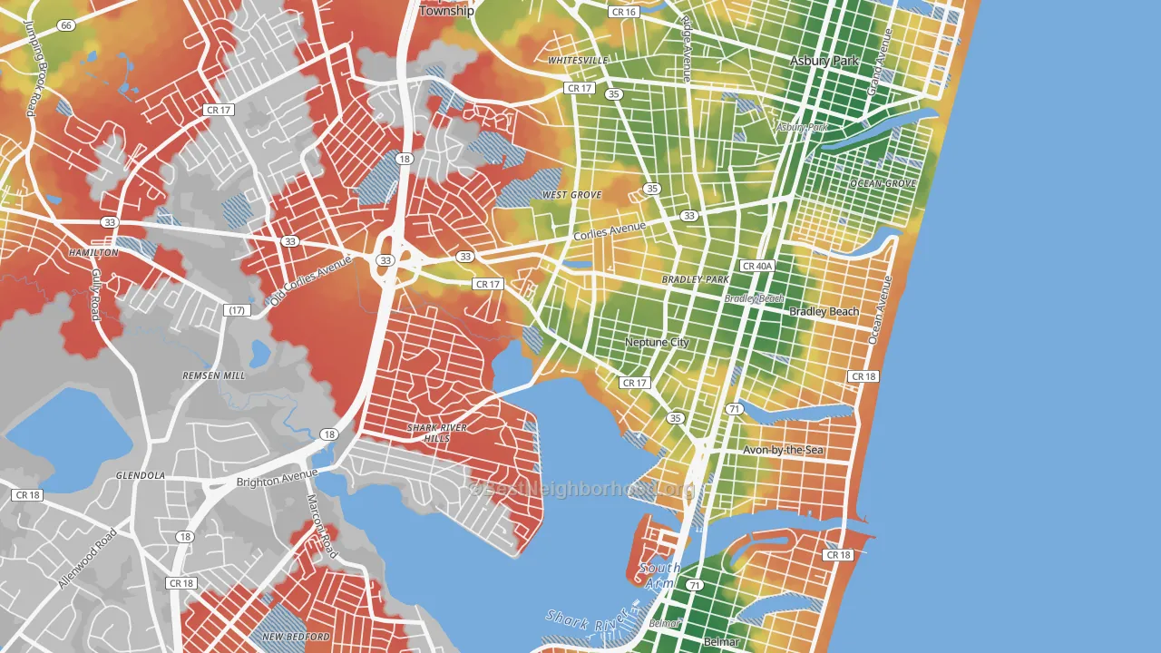 Walk Grade map of Downtown Neptune City, Neptune City, NJ, walkable areas in green and car-dependent areas in red