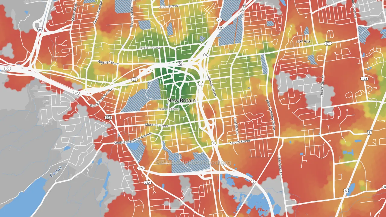 Walk Grade map of Downtown New Britain, New Britain, CT, walkable areas in green and car-dependent areas in red