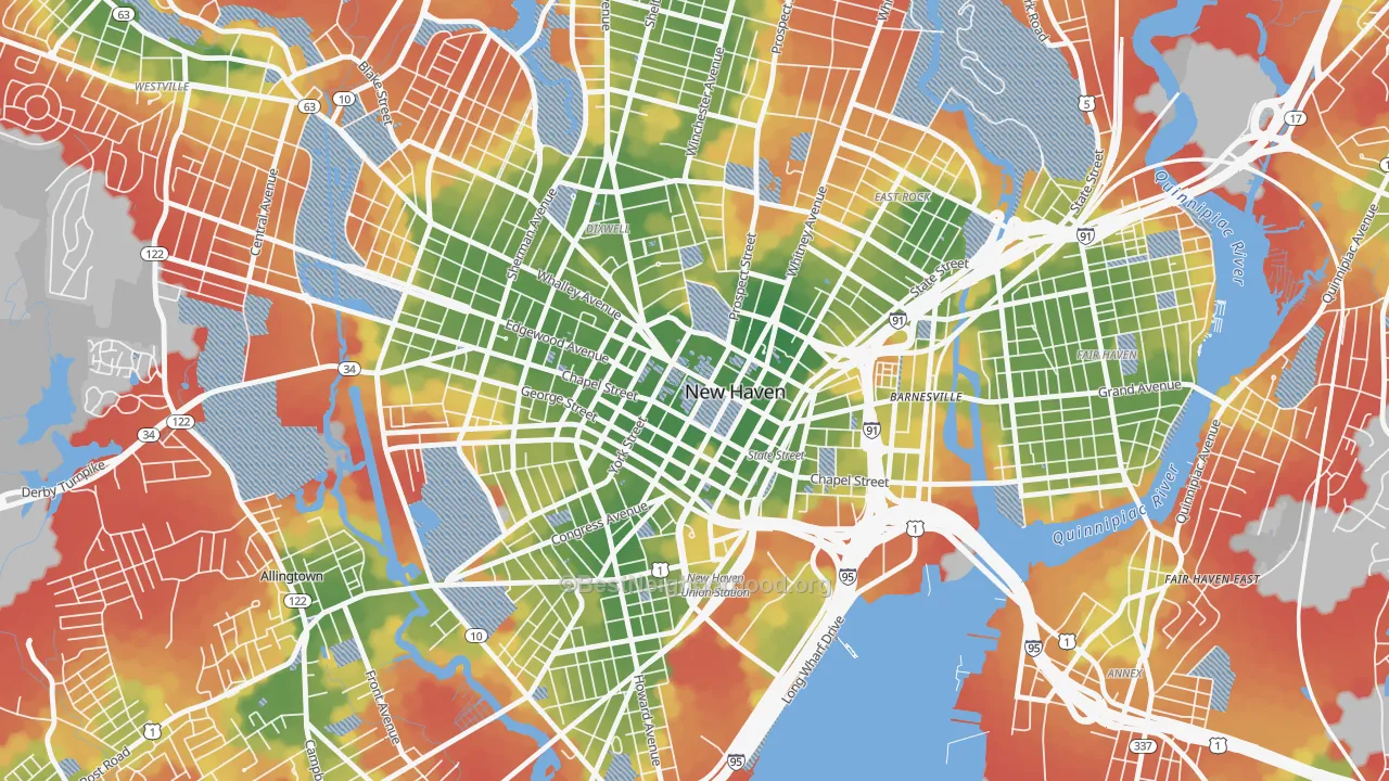 Walk Grade map of Downtown New Haven, New Haven, CT, walkable areas in green and car-dependent areas in red