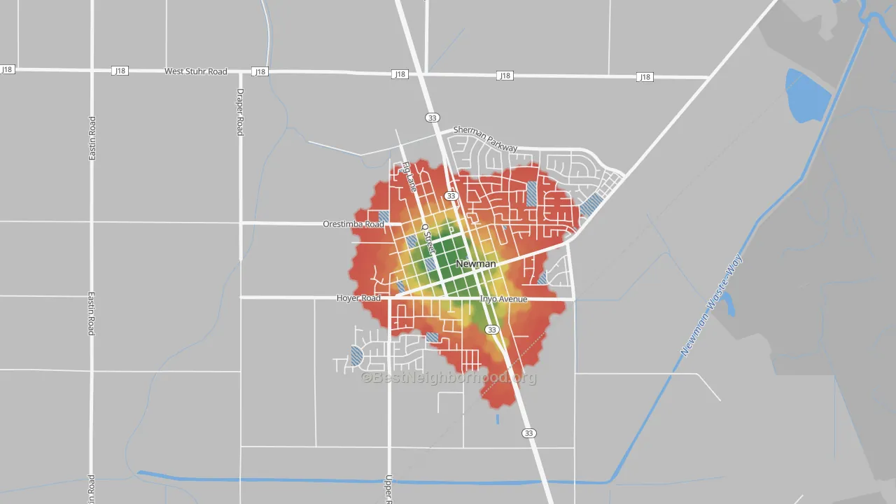 Walk Grade map of Downtown Newman, Newman, CA, walkable areas in green and car-dependent areas in red