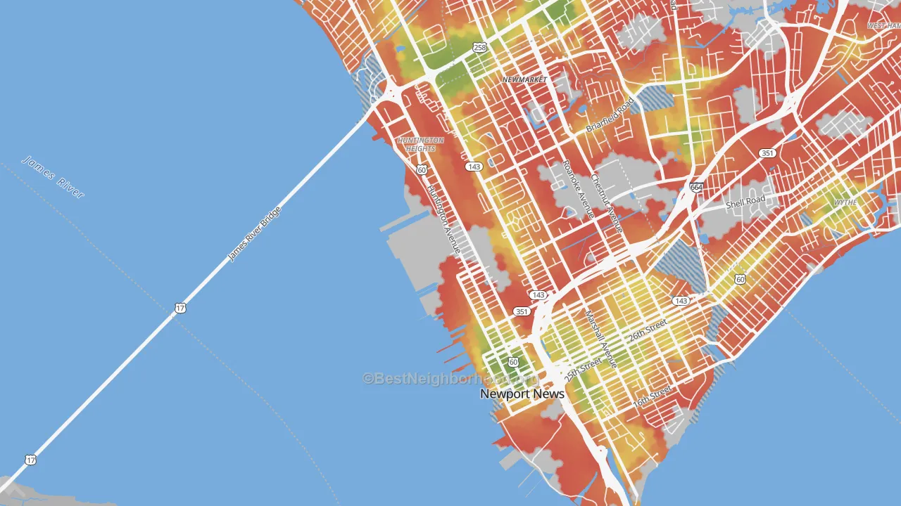 Walk Grade map of Downtown Newport News, Newport News, VA, walkable areas in green and car-dependent areas in red