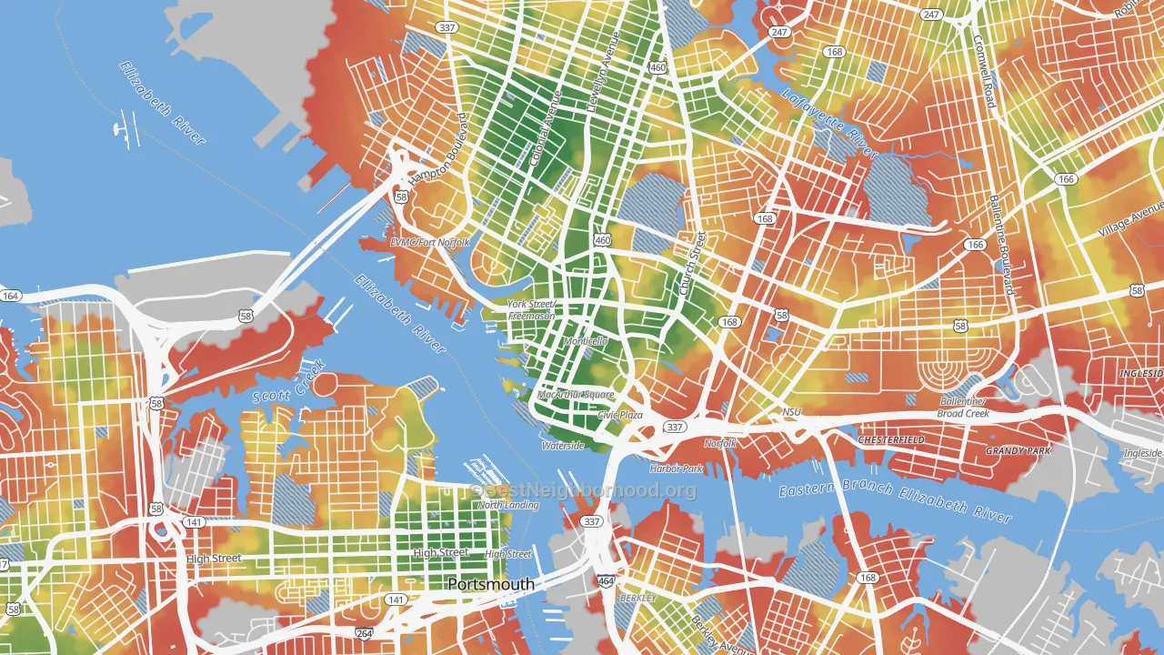 Walk Grade map of Downtown Norfolk, Norfolk, VA, walkable areas in green and car-dependent areas in red