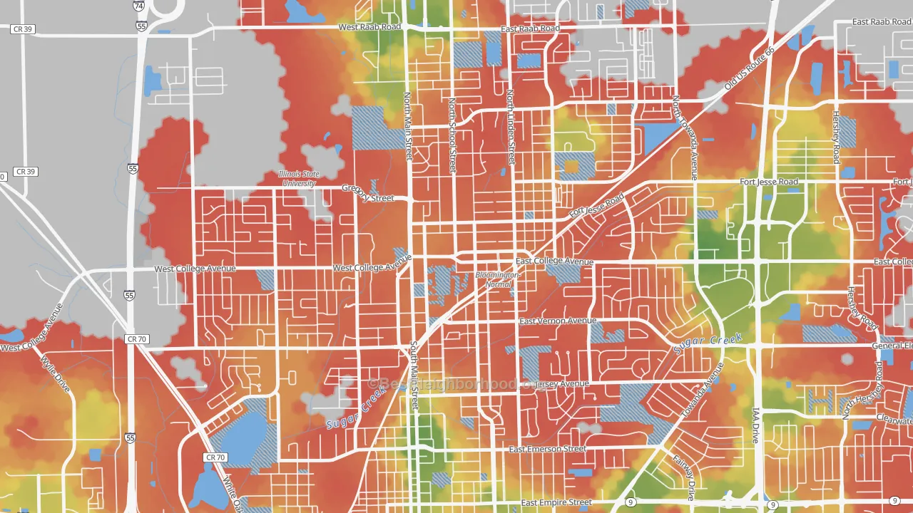 Walk Grade map of Downtown Normal, Normal, IL, walkable areas in green and car-dependent areas in red