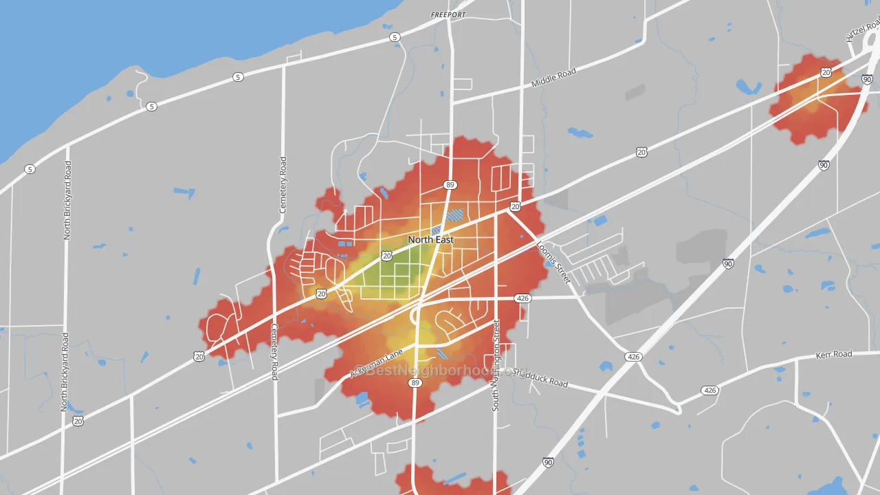 Walk Grade map of Downtown North East, North East, PA, walkable areas in green and car-dependent areas in red