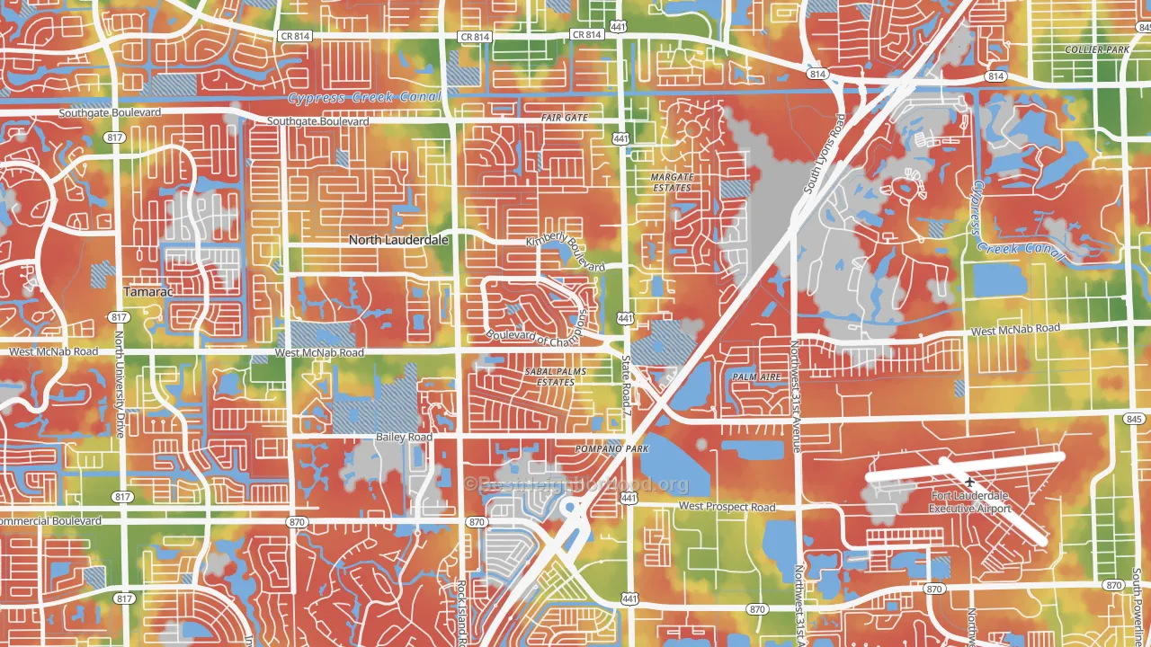 Walk Grade map of Downtown North Lauderdale, North Lauderdale, FL, walkable areas in green and car-dependent areas in red