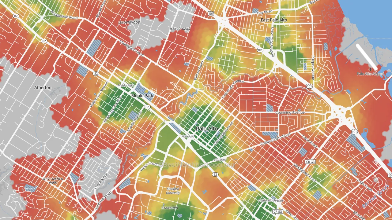 Walk Grade map of Downtown North San Jose, Palo Alto, CA, walkable areas in green and car-dependent areas in red