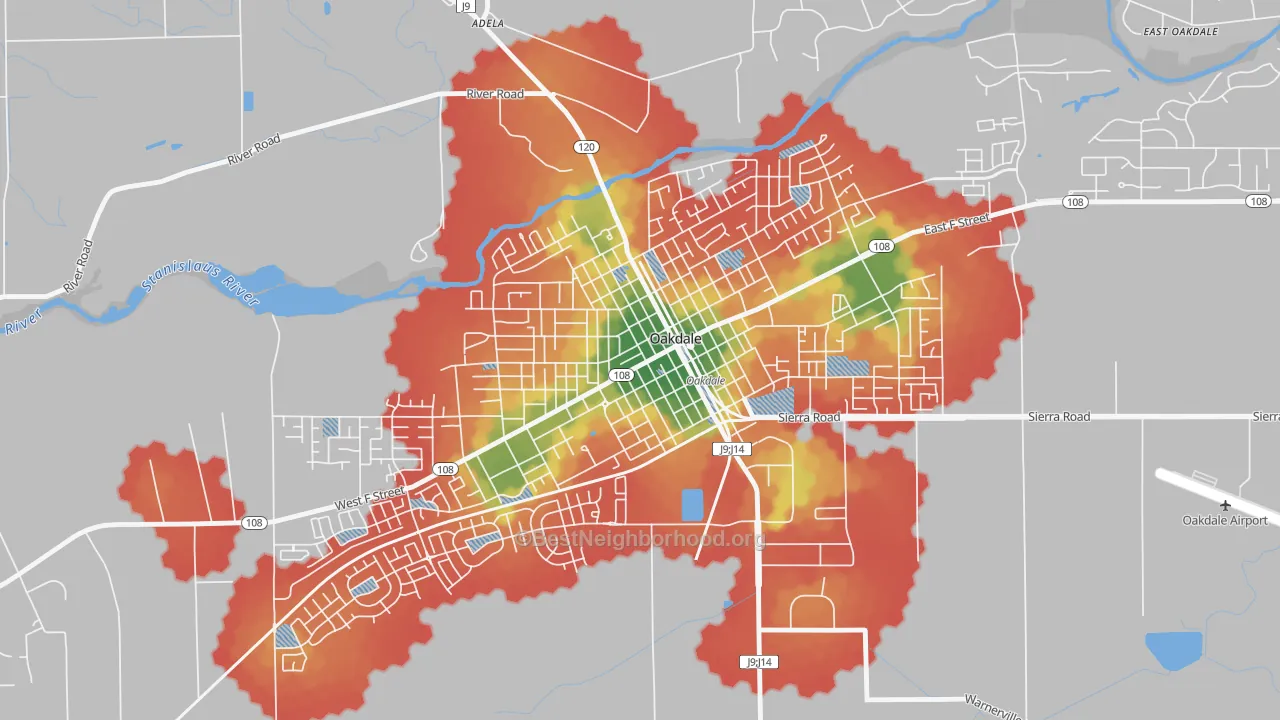 Walk Grade map of Downtown Oakdale, Oakdale, CA, walkable areas in green and car-dependent areas in red